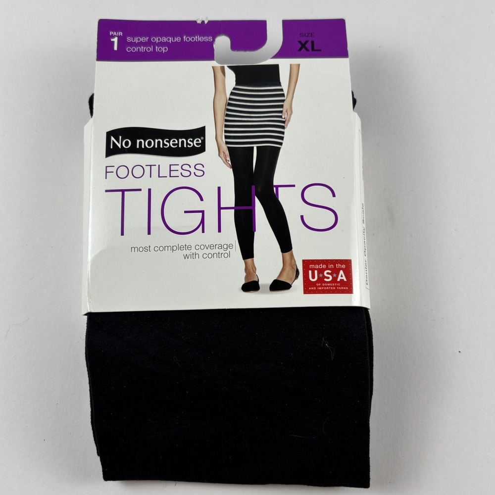 New No Nonsense Footless Tights Womens XL Black Super Opaque Control Top 1 Pair